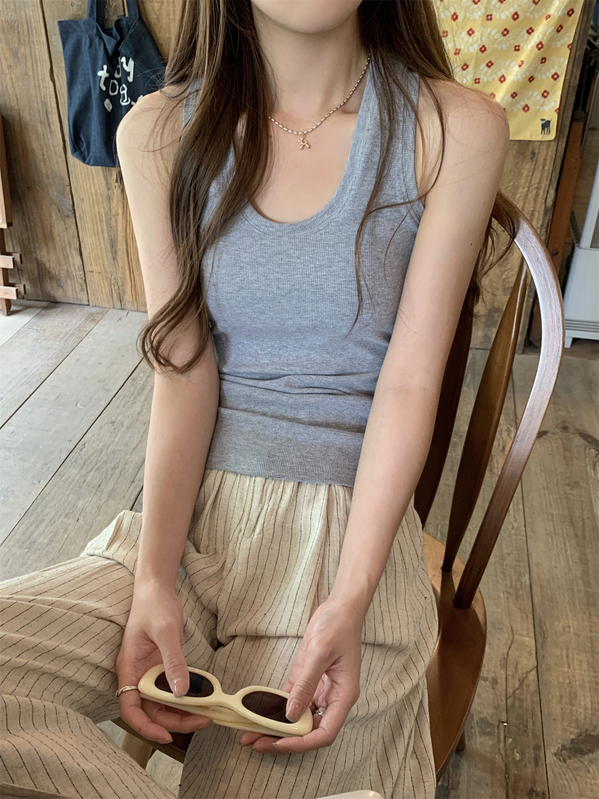 實拍 夏季韓版修身純色u領工字型氣質百搭純棉無袖背心上衣
