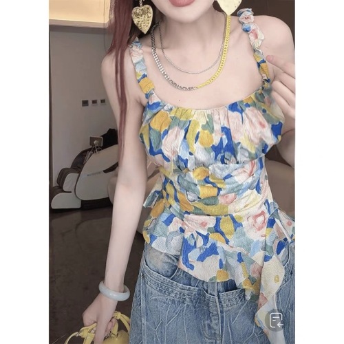 American sweet and spicy style floral small sling women's summer 2024 new design hot girl dopamine sleeveless top