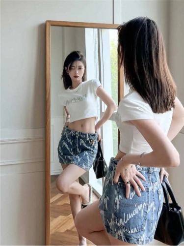 Summer new plus size hot girl denim skirt female ins high waist slim letter printed armband short skirt trendy