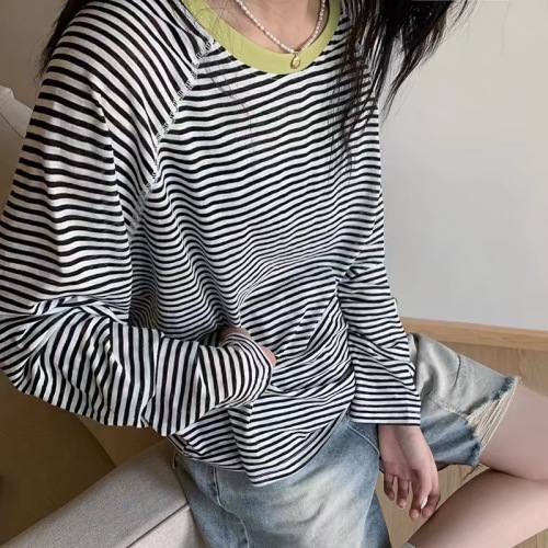 Classic striped sunscreen T-shirt blouse for women 2024 summer new Korean version loose casual breathable thin long-sleeved top