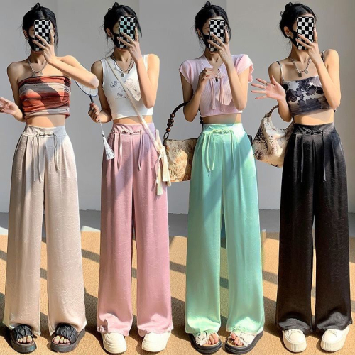 Micro-elastic ice silk wrinkled wide-leg pants for women, summer thin style, new retro loose casual high-waisted straight-leg pants for small people