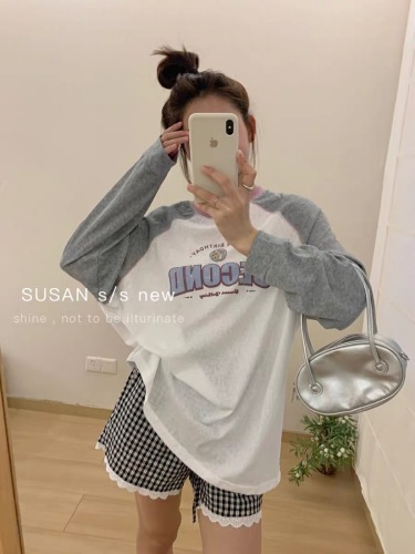 SUSAN contrasting color round neck printed simple long-sleeved sunscreen T-shirt for women summer new loose lazy style thin top