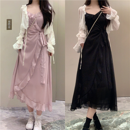 Tea break French V-neck suspender dress for women spring plus size fat MM lace-up waist ruffled chiffon long skirt