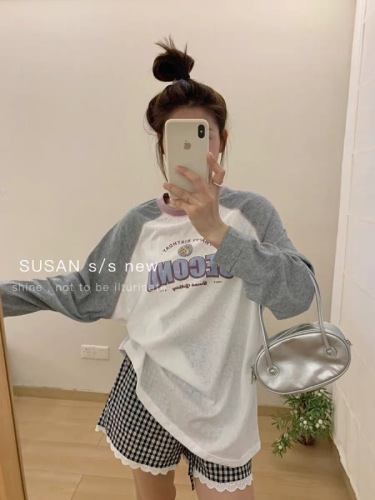 SUSAN contrasting color round neck printed simple long-sleeved sunscreen T-shirt for women summer new loose lazy style thin top