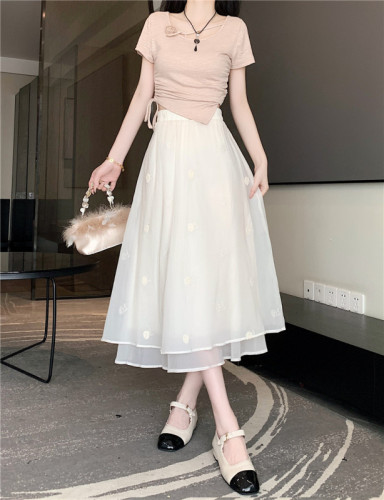 Real shot embroidered gauze skirt women's high waist mid-length slim a-line cake skirt