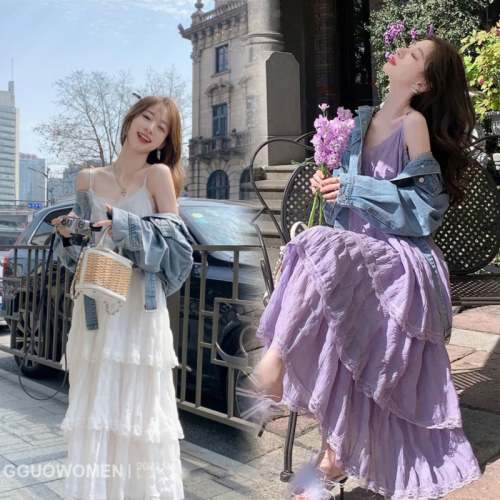 高质量夏季新款韩版小众氛围感气质法式吊带蛋糕裙连衣裙女裙子