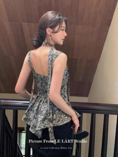 2024 summer new style Korean style jacquard ribbon irregular top niche sleeveless mid-length vest for women