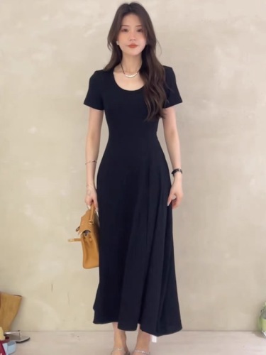 Korean style shoulder U-neck exposed waist belted pleated dress women's new summer loose slimming short-sleeved casual long dress