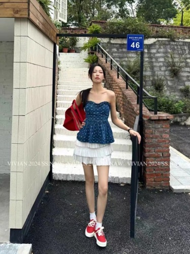 Korean style hot girl design floral denim tube top 2024 early summer new style waist slimming sleeveless top for women