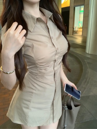 Actual shot of Pure Desire Korean Royal Sister’s slim-fit pleated lapel sexy shirt dress niche dress