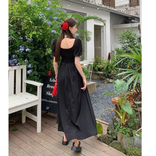 Real shot of black square collar hollow puff short-sleeved dress for women in summer niche design slit slimming long skirt