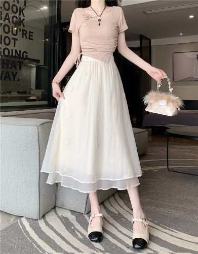 Real shot embroidered gauze skirt women's high waist mid-length slim a-line cake skirt