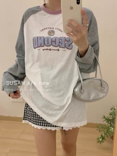 SUSAN contrasting color round neck printed simple long-sleeved sunscreen T-shirt for women summer new loose lazy style thin top