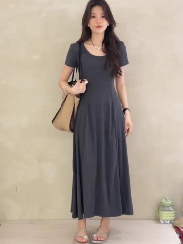 Korean style shoulder U-neck exposed waist belted pleated dress women's new summer loose slimming short-sleeved casual long dress