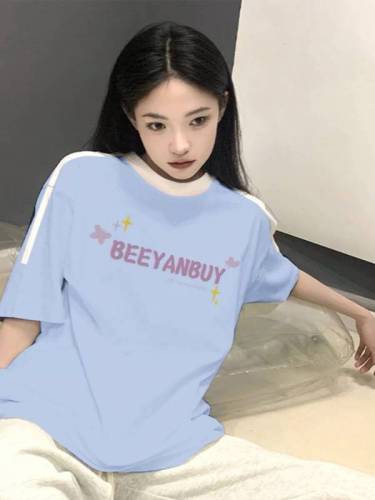 High-quality pure cotton 200g 21s combed precision front and back printed three-bar dropped shoulder short-sleeve t-shirt for women