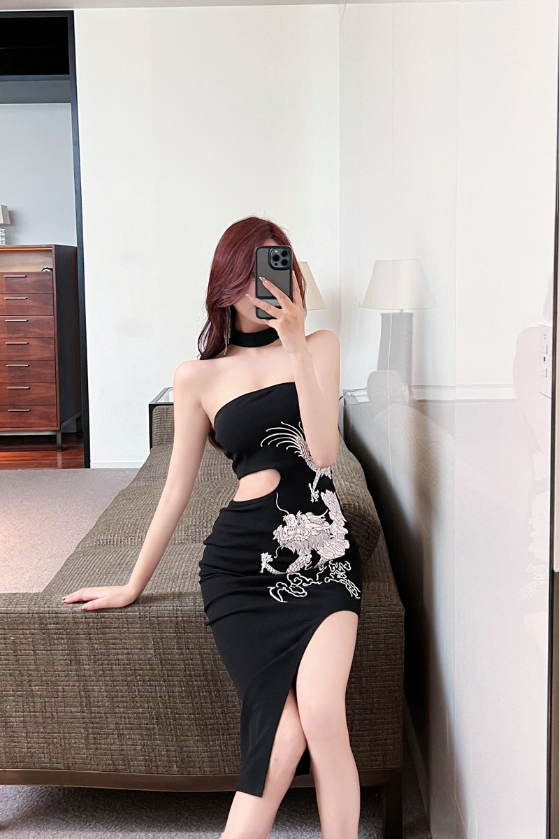 Real shot ~ Retro cheongsam style tube top one-line collar dress party printed Chinese style slit dress for women
