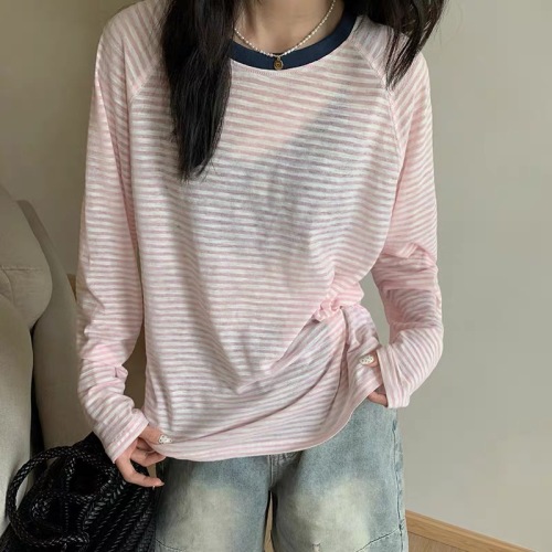 Classic striped sunscreen T-shirt blouse for women 2024 summer new Korean version loose casual breathable thin long-sleeved top