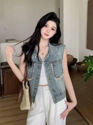 Blue raw edge denim vest jacket for women in summer, niche design, slim and versatile sleeveless vest, waistcoat