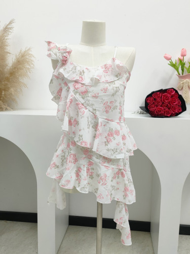 Complete three standards ~ 2024 summer new style two-color irregular floral hot girl streamer ruffled suspender top