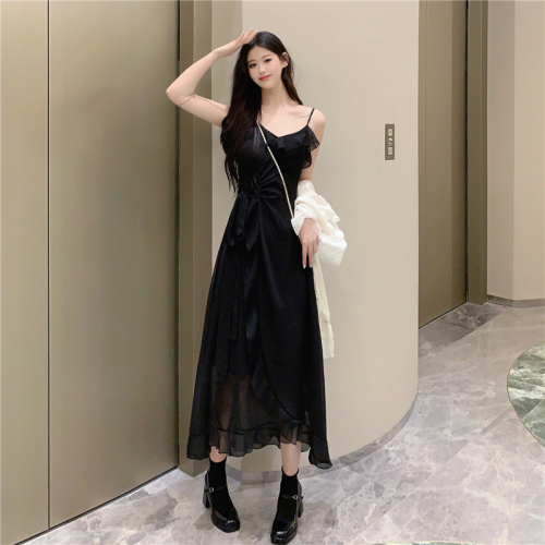 Tea break French V-neck suspender dress for women spring plus size fat MM lace-up waist ruffled chiffon long skirt