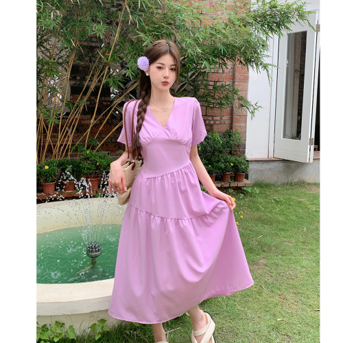 Real shot of tea break French purple dress for women, new summer style, gentle style, high waist, slim puff sleeve long dress