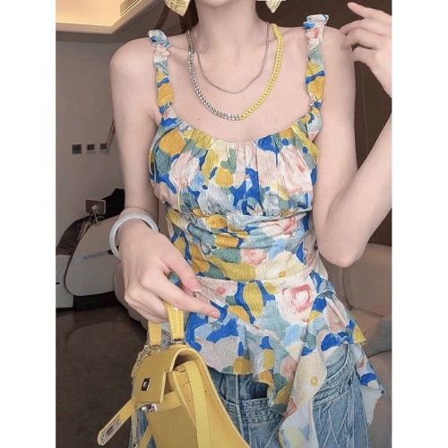 American sweet and spicy style floral small sling women's summer 2024 new design hot girl dopamine sleeveless top