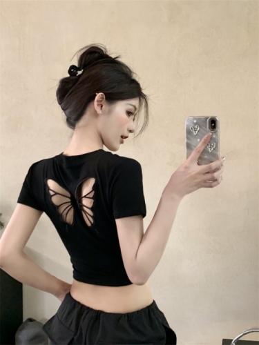 Real shot ~ hot girl hollow butterfly design short-sleeved embroidered slimming summer versatile short top