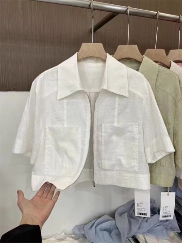 韩国东大门2024夏季新款纯色翻领百搭短袖拉链衬衫女设计感小众