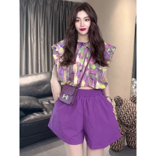 2024 new summer style light luxury niche street-popular purple fragrance suit sleeveless printed top shorts two-piece set for women