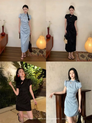 Lu Qingyi original freesia new Chinese style dress women's summer snow orchid jacquard mid-length stand collar cheongsam dress