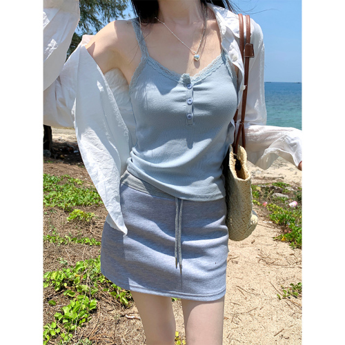 Real shot of sweet hottie pure desire sling female summer new outer wear lace slim sleeveless short top