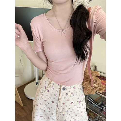 Real shot gray t-shirt women's straight shoulder short-sleeved summer exposed clavicle tight top u-neck innerwear undershirt 