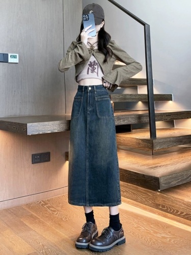 Retro high-waisted a-line denim skirt for women spring and summer new style mid-length small slit long skirt hip-covering skirt