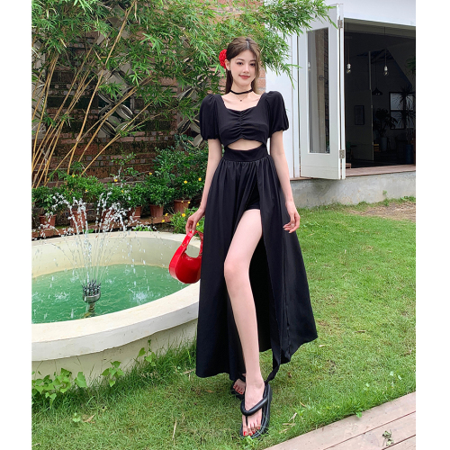 Real shot of black square collar hollow puff short-sleeved dress for women in summer niche design slit slimming long skirt