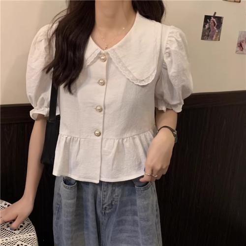 White lace doll collar shirt women's summer design niche short shirt French puff short-sleeved top