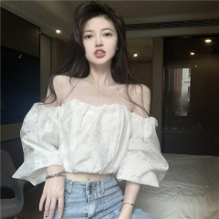 2024 new summer style jacquard tube top, one-line collar, puff sleeves, off-shoulder sexy sweet hottie short top for women