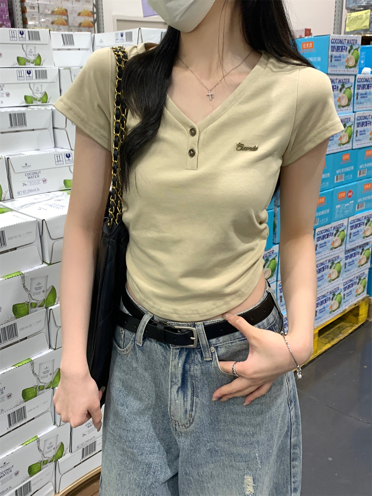 實拍 夏季韓版v領紐扣褶皺顯瘦設計感百搭純棉短袖T恤上衣