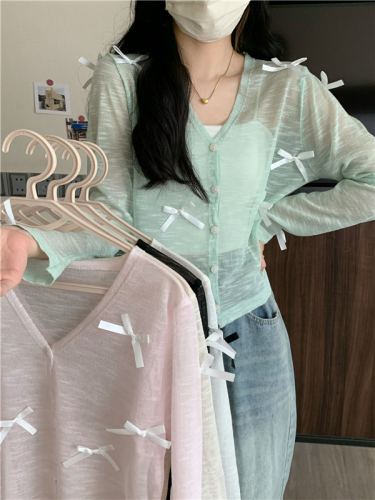 Real shot of three-dimensional bow ice silk knitted cardigan sun protection clothing women's jacket air-conditioning outer blouse