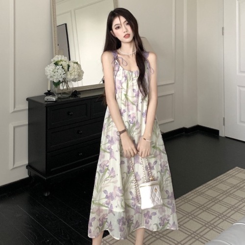 Tea break French sleeveless floral suspender dress for women summer 2024 new style high-end slimming long skirt