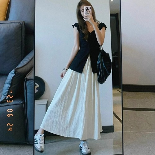 好质量白色百褶裙女2024夏季新款韩版中长款伞裙高腰显瘦半身裙子