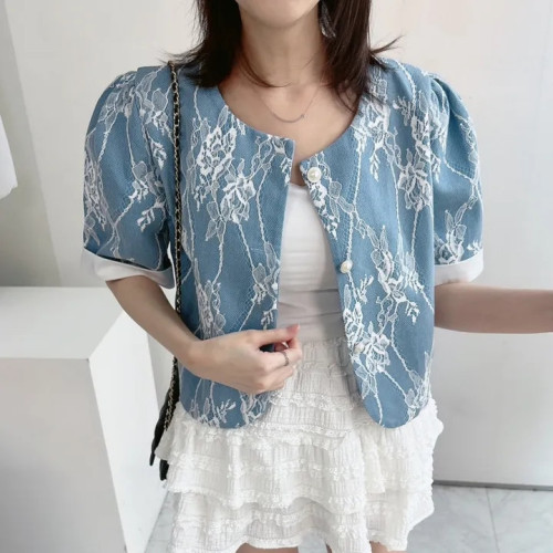 Korea Summer Fashionable Round Neck Buttoned Lace Spliced ​​Blue Pearl Button Short Jacket Versatile Cardigan Top 7559