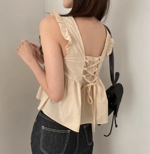 Korean chic summer new retro back strap sleeveless vest women's slim square neck top