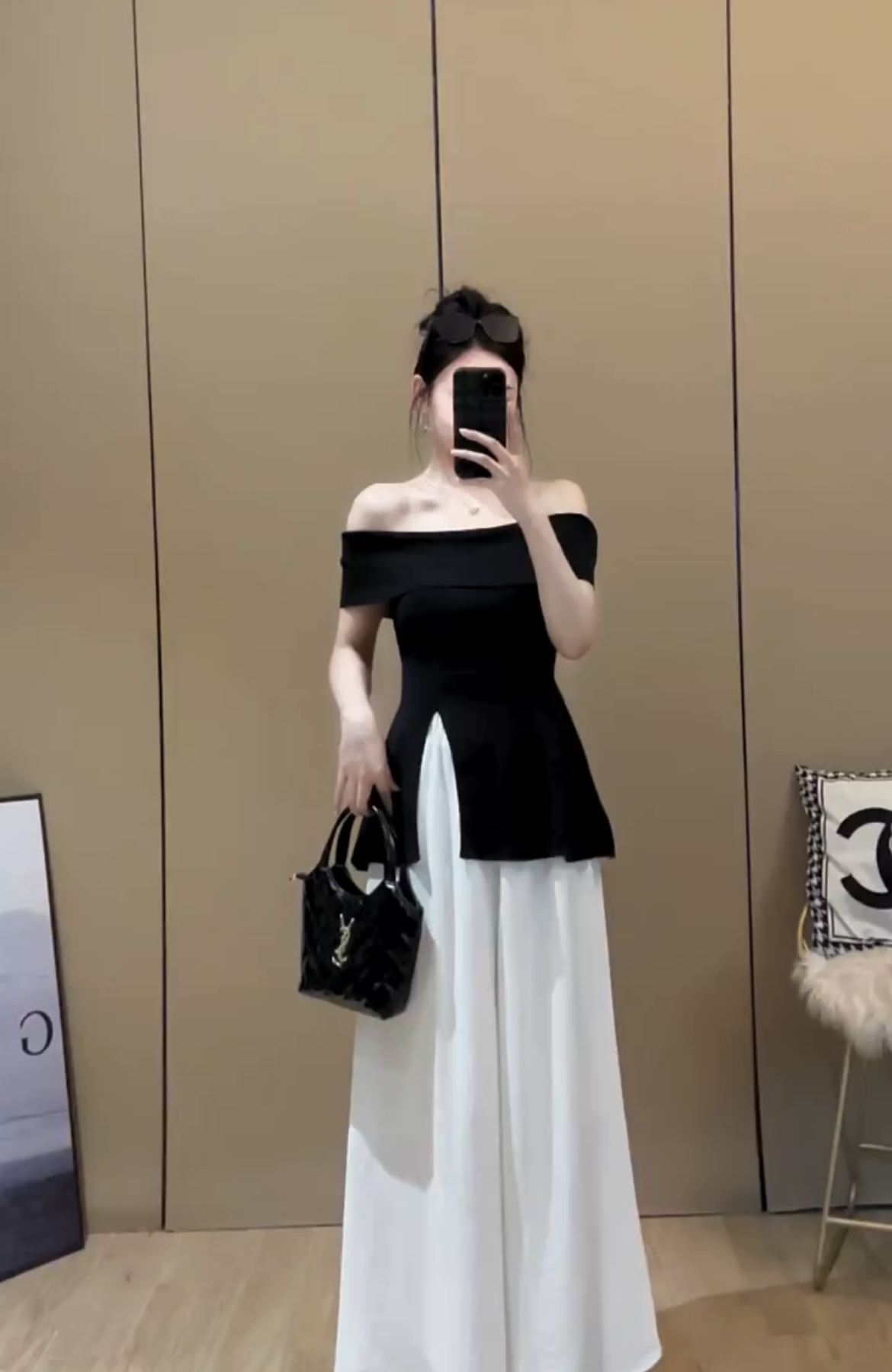 2024 new one-shoulder top with design slits, slimming sleeveless vest, fat MM wide-leg pants and skirt suit for women
