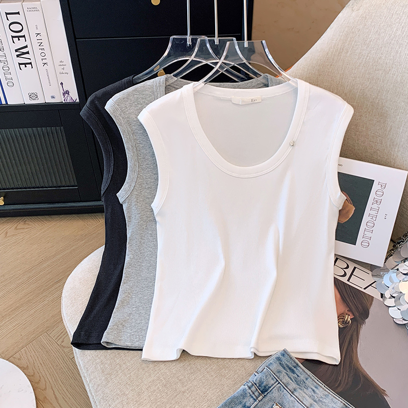 2024 new summer wide shoulder vest with U-neck sleeveless solid color slim fit pullover top Korean style versatile for women