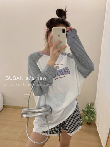 SUSAN contrasting color round neck printed simple long-sleeved sunscreen T-shirt for women summer new loose lazy style thin top