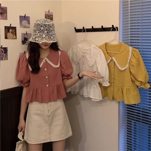 White lace doll collar shirt women's summer design niche short shirt French puff short-sleeved top