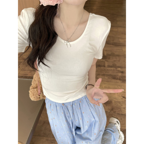 Real shot gray t-shirt women's straight shoulder short-sleeved summer exposed clavicle tight top u-neck innerwear undershirt 