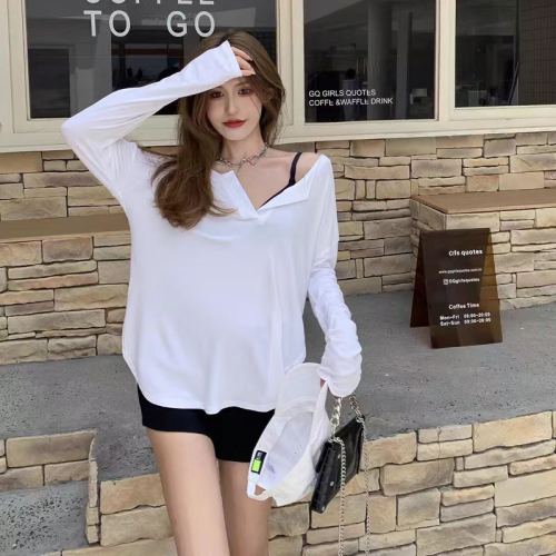 Tmall quality Hong Kong style thin sun protection cover-up T-shirt women's summer pure desire mid-length loose long-sleeved top