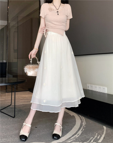 Real shot embroidered gauze skirt women's high waist mid-length slim a-line cake skirt