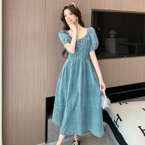 Real shot!  French retro puff sleeve denim dress for women with square neck and slim fit long skirt